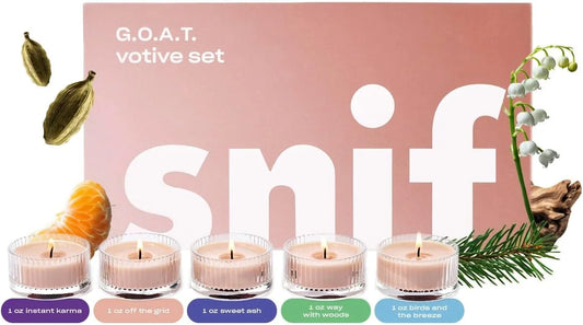Snif G.O.A.T. Votive Candle Set, 5 Premium Scented Candles, 100% Cotton Fiber Wicks, Soy Wax Blend, Non-Toxic, Vegan